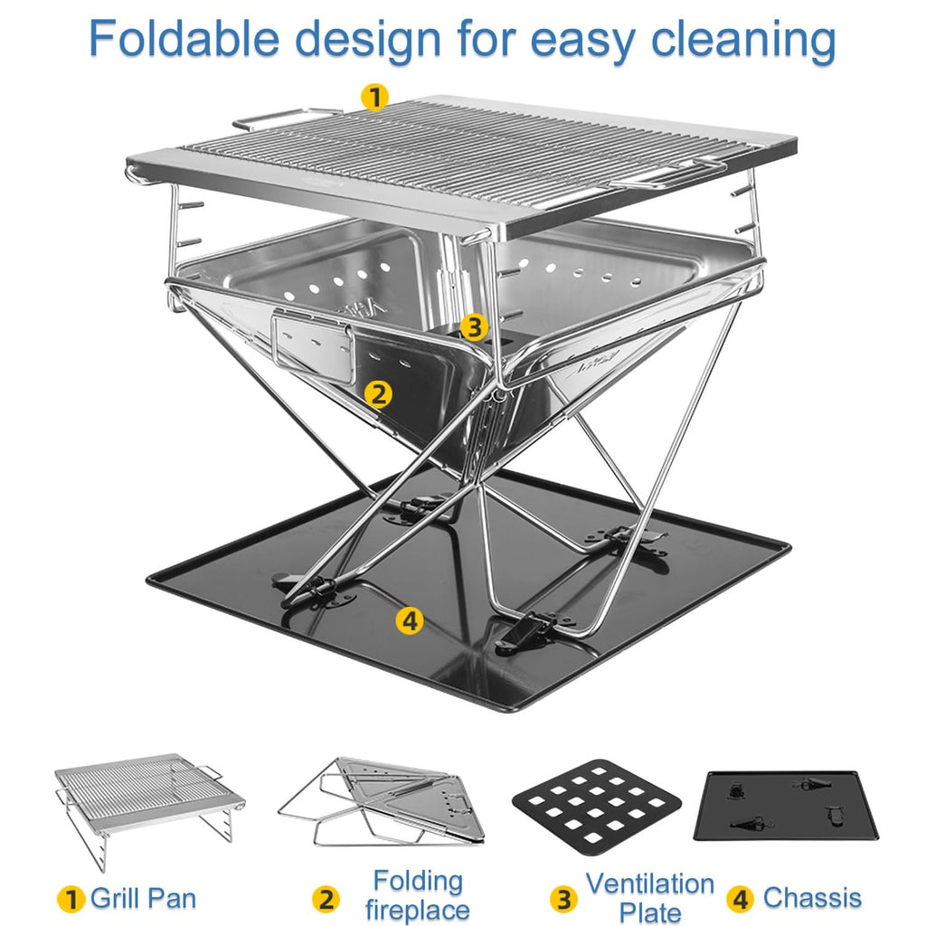Foldable Wood-Fired Camping Stove with Adjustable Grill