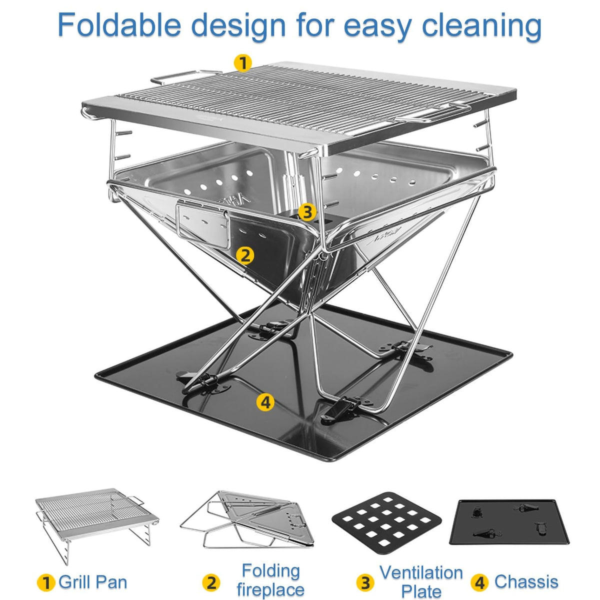 Foldable Wood-Fired Camping Stove with Adjustable Grill