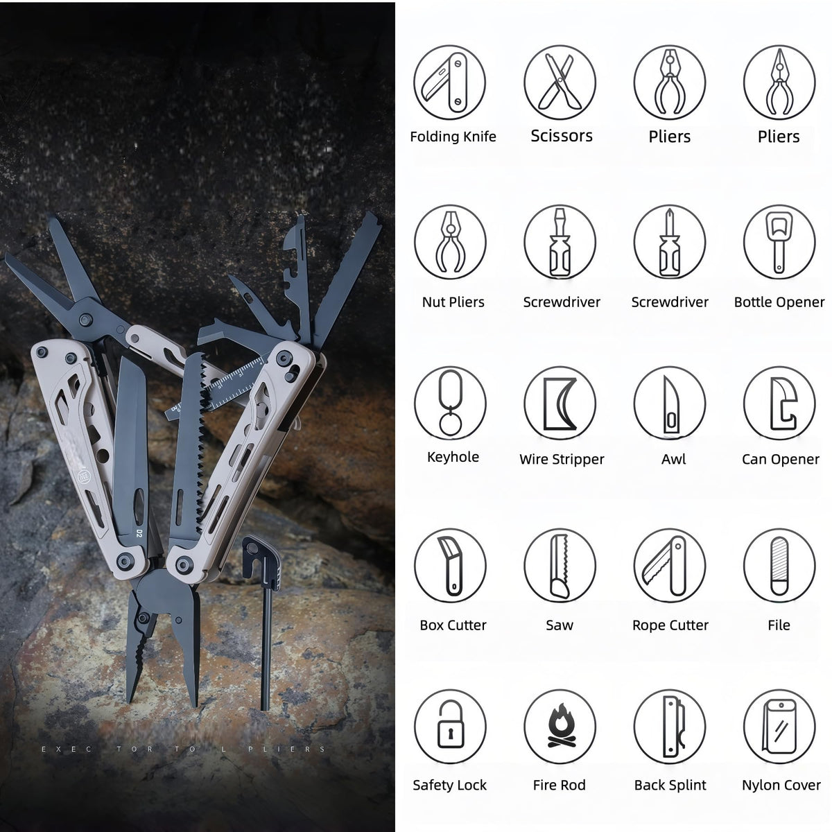 20-in-1 Lightweight Multi-Tool with Pliers & Safety Lock